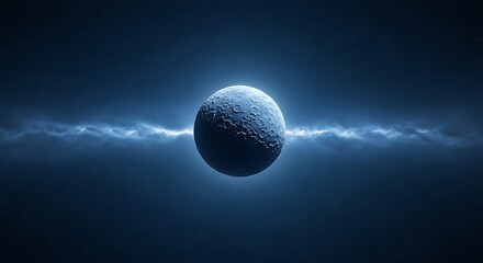 A cratered moon hangs in the starry expanse bisected by a luminous cloud