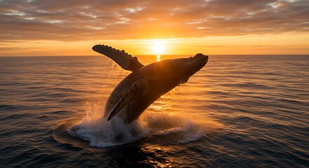 Fototapeta premium Awe-inspiring moment of a majestic humpback whale breaching out of the ocean against a vibrant golden sunset