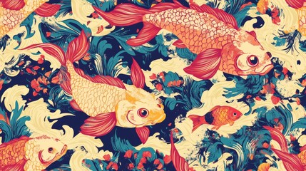 Fototapeta premium Vibrant depiction of koi fish swimming amidst colorful flora and water