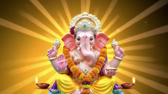 Graceful animation of Ganesha idol adorned with marigold garlands, golden rays of light shining from behind, diyas flickering gently