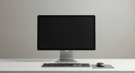 Fototapeta premium Sleek Desktop Computer: Modern desktop computer on a sleek surface with keyboard and mouse, illuminated by gentle lighting, evokes productivity and innovation.