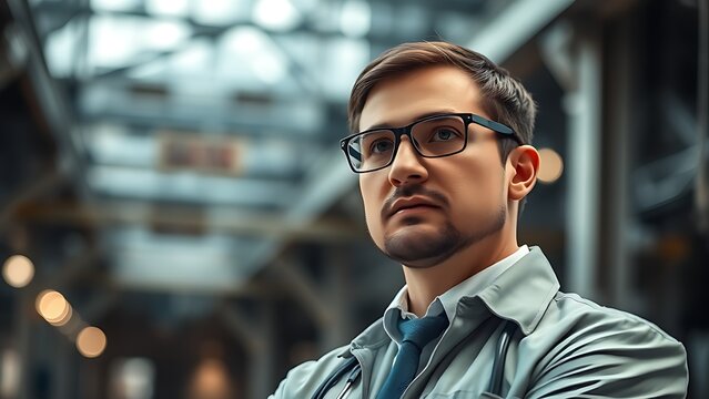 Technical specialist in a modern environment with soft industrial lighting.