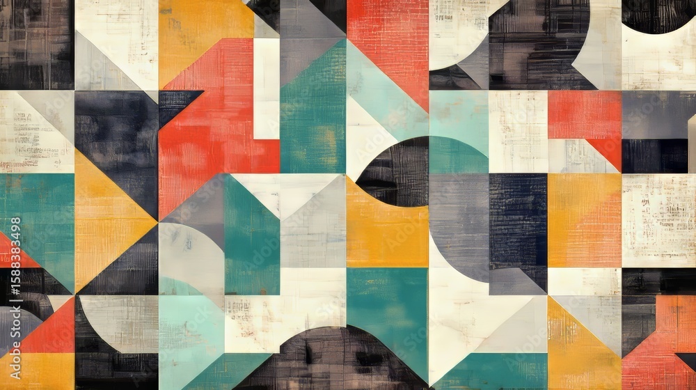 Poster abstract geometric design with squares, triangles, and semi-circles in various colors and textures, 