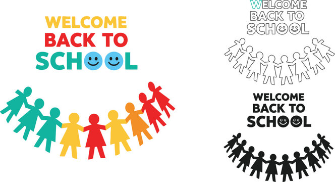 Welcome back to school banner template for kids with paper dolls and happy faces vector illustration editable