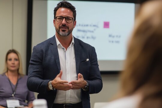 Business presentation skills workshop conference room event coverage professional environment instructor perspective - Powered by Adobe