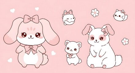 Illustration of cute animals on a pink background with flowers