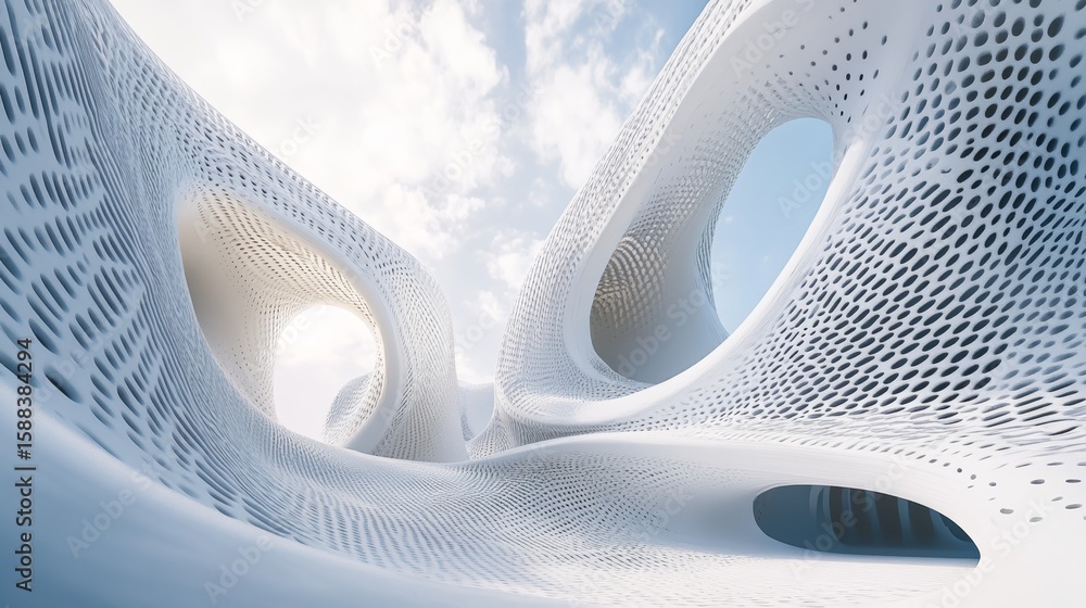 Poster Futuristic Architecture with Organic Design and Perforated Surface Structures