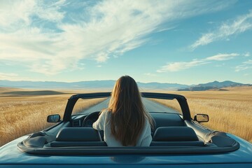 Woman traveling in a convertible car, enjoying the freedom of the open road while taking in the scenic views and the fresh air, Generative AI