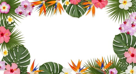 Obraz premium Tropical flowers and leaves frame on a clean white background