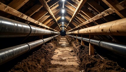 Interior attic space with dark dirt floor and pipes