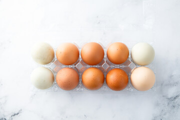 Organic multicolored eggs in a container