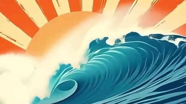 retro wave background, vector loop animation, seamless jagged lines, vibrant orange blue cream, surf poster style, retro skate art loop, 4K vector animation, diagonal motion background, abstract sharp