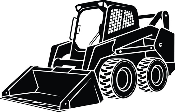 Black silhouette of a compact tracked loader with a front bucket isolated on white background