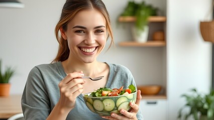 young woman eating salad in the kitchen