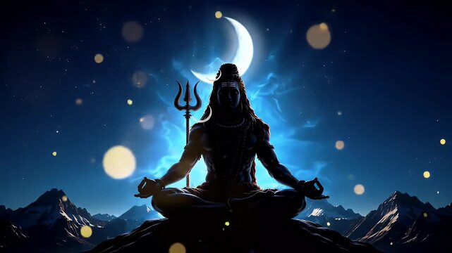 Majestic animation of Lord Shiva&rsquo;s silhouette sitting in meditation on Mount Kailash under a glowing crescent moon, divine blue aura with soft golden particles filling the air, dark blue gradient back
