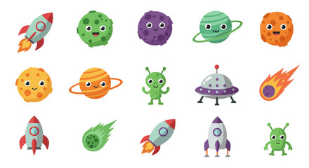 Fototapeta premium Cartoon illustration of space objects, including rockets, planets with smiling faces, a UFO, aliens, and comets, arranged on a white background.