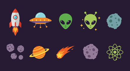 Naklejka premium Cosmic Journey A Collection of Space Illustrations Featuring Rockets, UFOs, Aliens, Planets, and Meteors