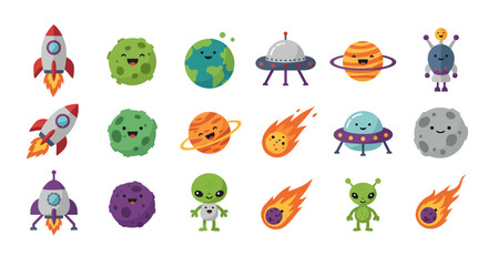 Cute cartoon space icons including rockets, planets, aliens, and UFOs.