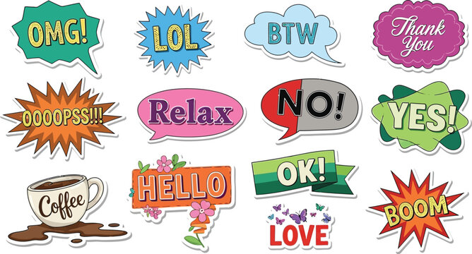Social media stickers vector graphic with omg lol btw thank you relax yes hello ok boom love coffee editable