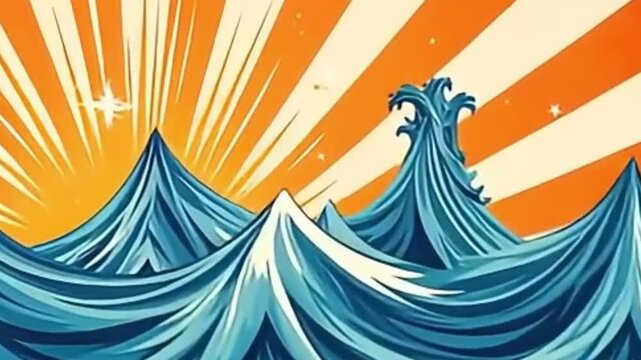 retro wave background, vector loop animation, seamless jagged lines, vibrant orange blue cream, surf poster style, retro skate art loop, 4K vector animation, diagonal motion background, abstract sharp