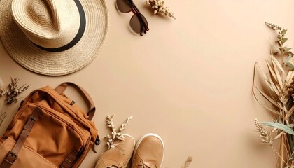 Stylish field trip essentials flat lay on neutral background for showcasing travel accessories with ample text space