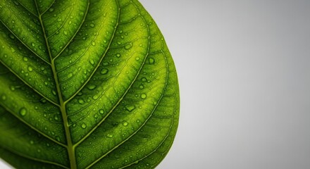 Fresh Green Leaf with Water Droplets on a Gray Background