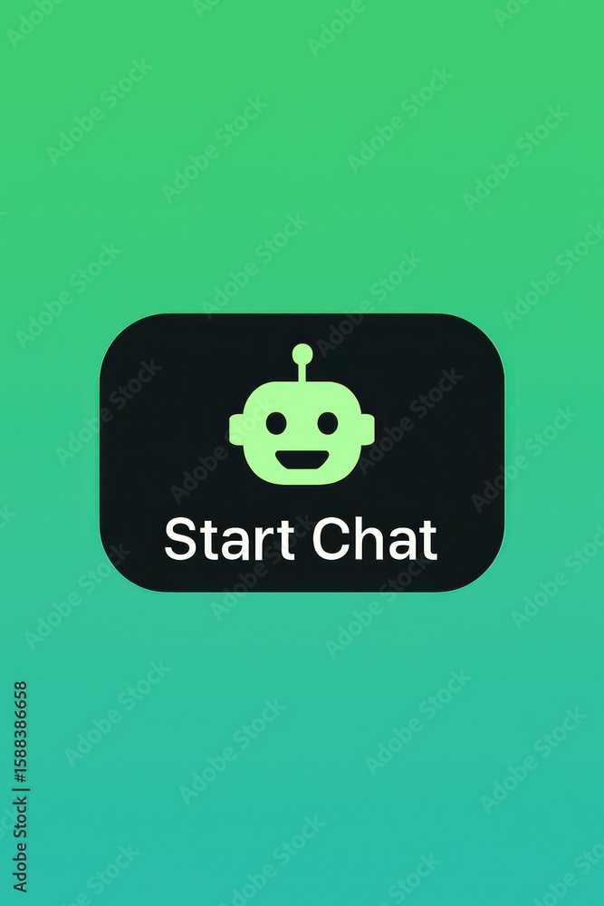 Poster A digital friendly bot face on app interface, representing a seamless user experience. Invite user to start chat and interactive with each other. customer support service