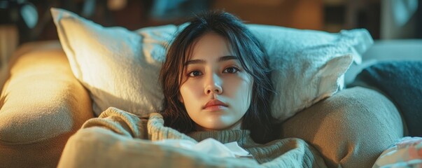 Sick day at home, Asian woman experiencing a runny nose and common cold, resting on the couch with tissues nearby, Generative AI