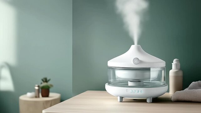 A modern aroma diffuser releasing mist in a tranquil setting.
