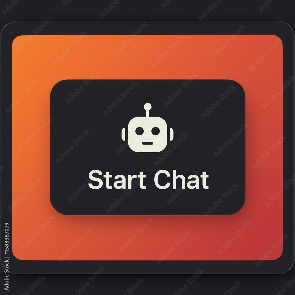 Poster a stylized button featuring a robot icon with text start chat, illustrating technology and communica