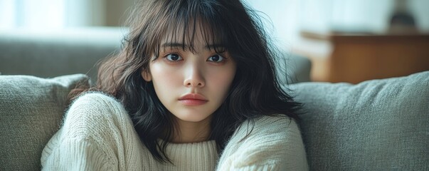 Sick day at home, Asian woman experiencing a runny nose and common cold, resting on the couch with tissues nearby, Generative AI