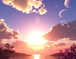 A vibrant sunset over a tranquil ocean, with fluffy clouds and distant planets