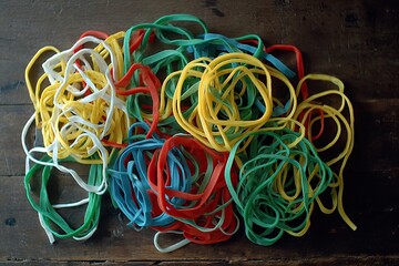 Colorful rubber bands tangled on a wooden surface