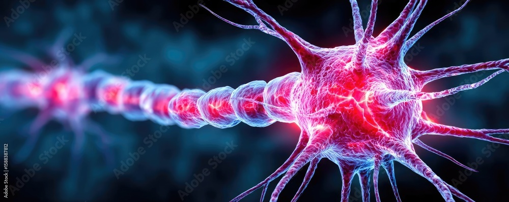 Poster pinched nerve and sciatic pain concept. close-up view of a neuron showcasing synaptic connections.