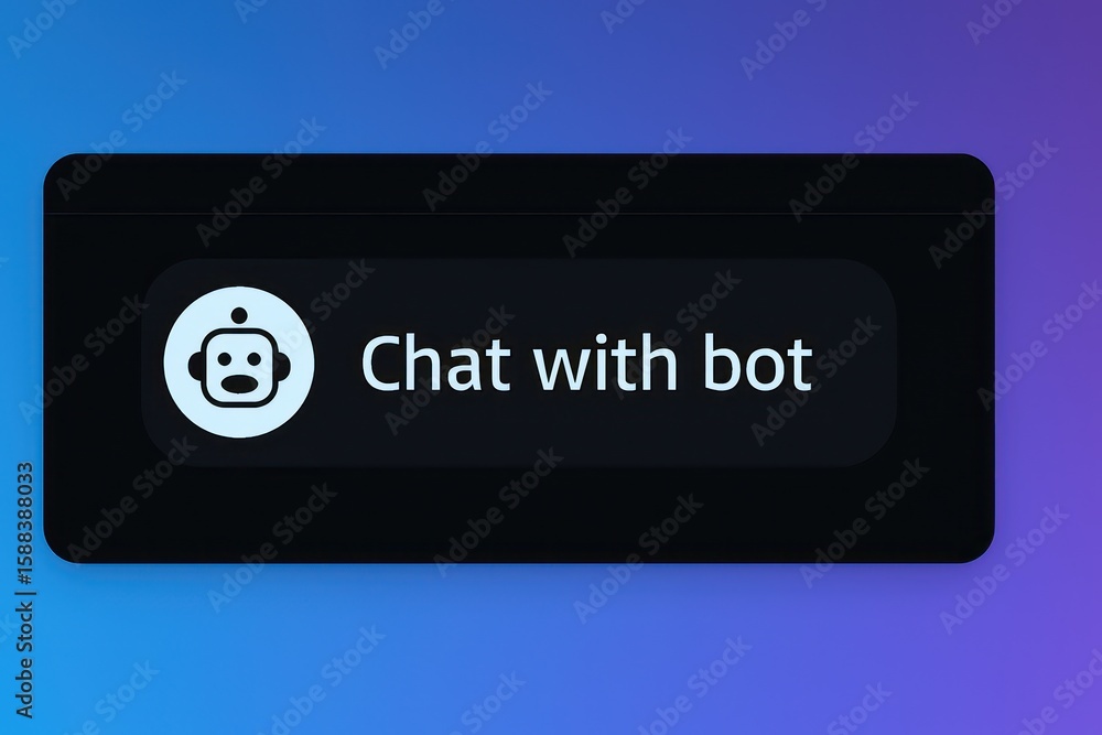 Poster chat with bot button interface design on dark background. customer support service