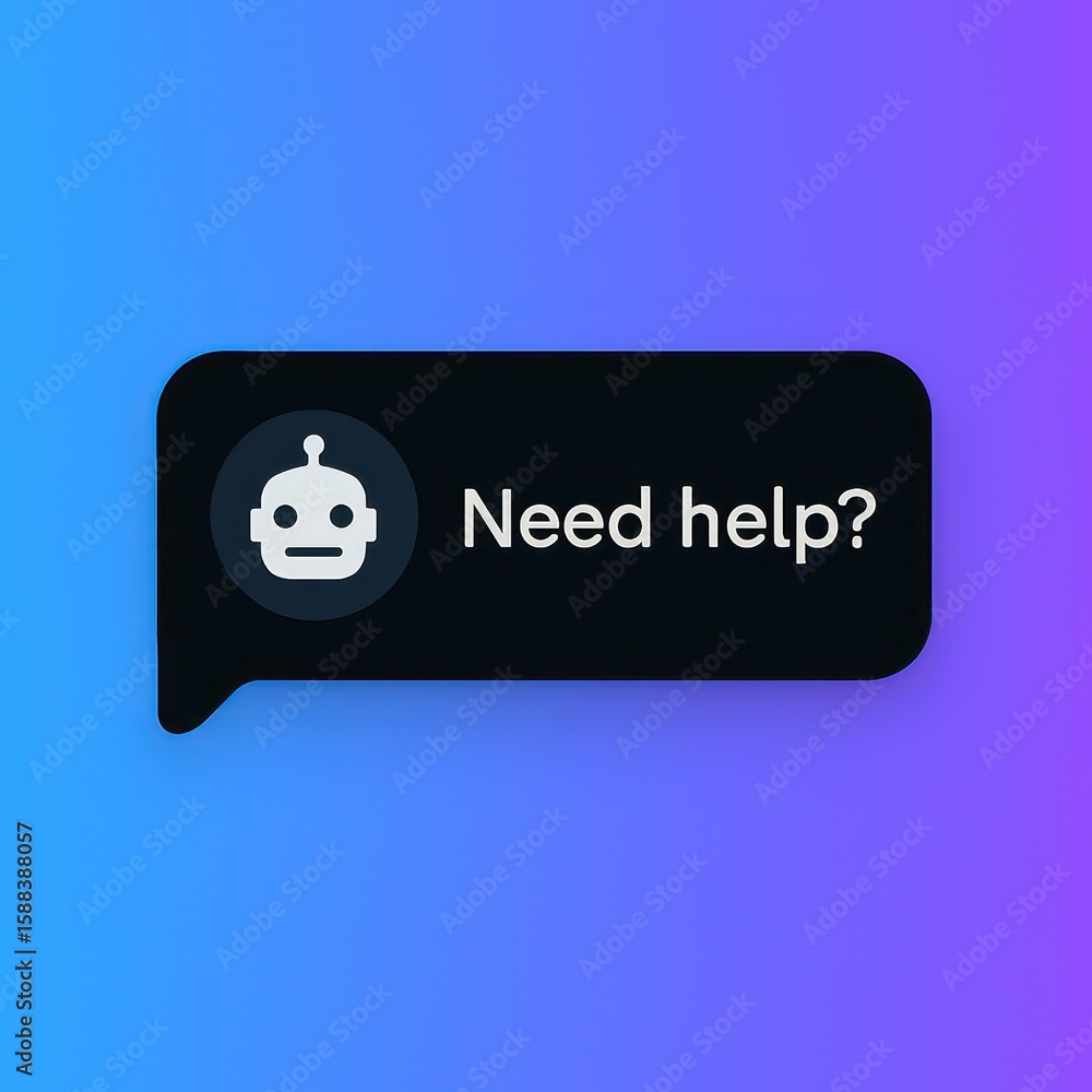 Poster a chatbot interface prompts assistance with the message need help? a digital avatar signifies instan