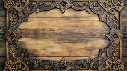 Ornate Wooden Frame with Intricate Carvings on a Rustic Wood Plank Background, Perfect for Text or Image Overlays