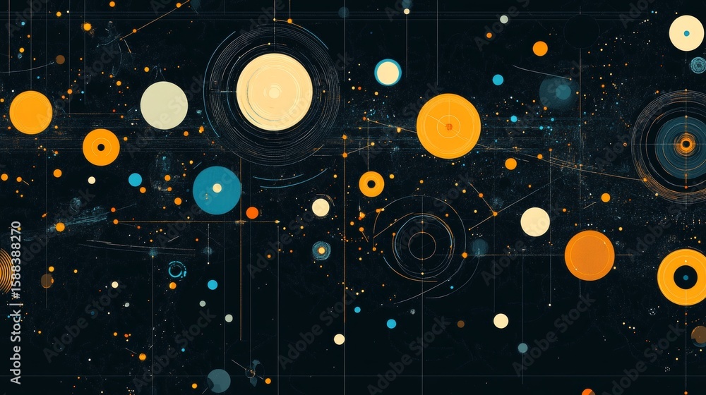 Poster abstract geometric composition with circles and lines on dark background