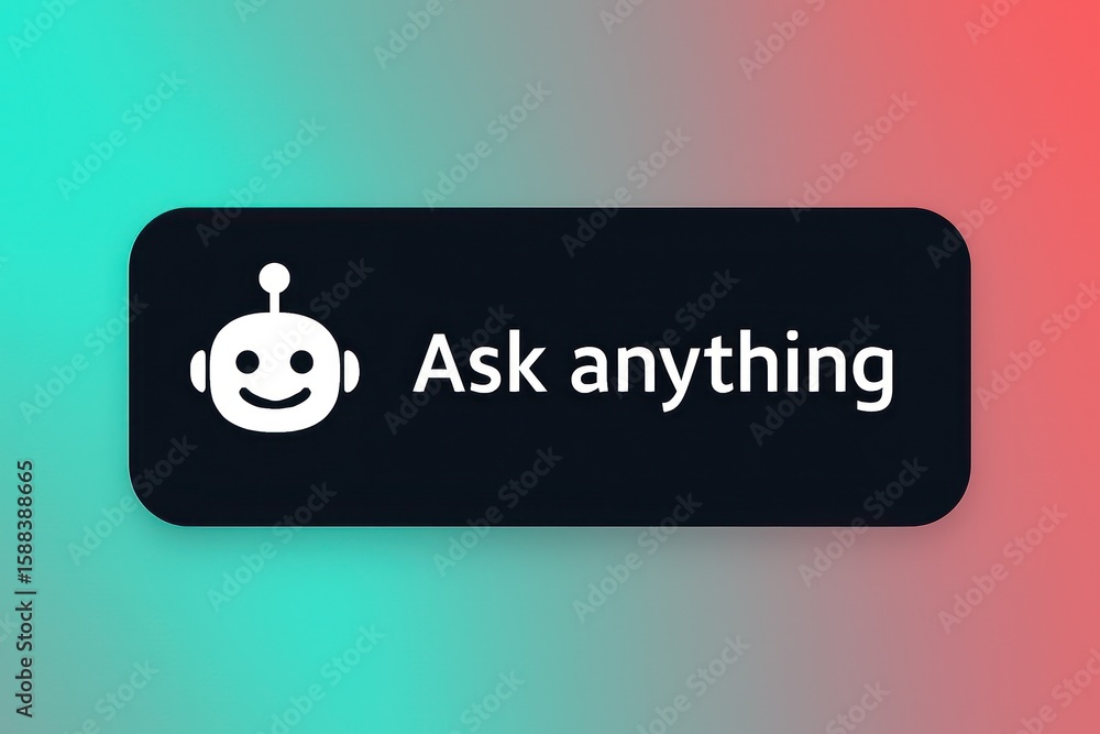 Poster a sleek, modern black button displaying the message ask anything on a vibrant gradient background. t