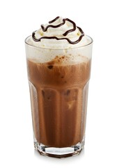 Iced chocolate beverage in glass with whipped cream