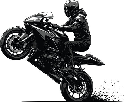 Dramatic monochrome illustration features a motorcyclist performing a wheelie on a sleek bike, set against a clean white background.