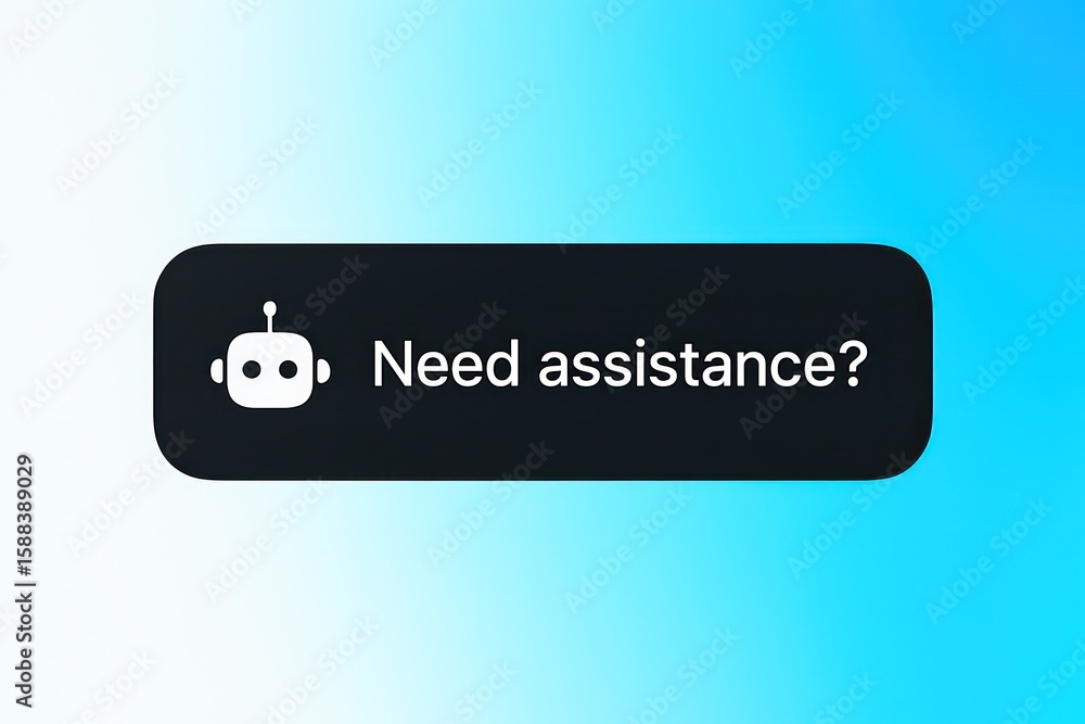 Poster an engaging and informative digital interface displaying need assistance? along with a robot icon, c