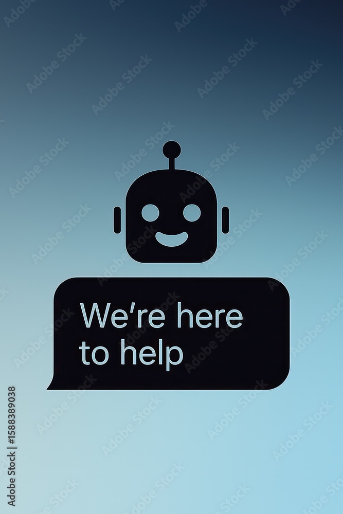 Aufkleber a friendly robot icon smiles within a speech bubble displaying the message we're here to help, conve