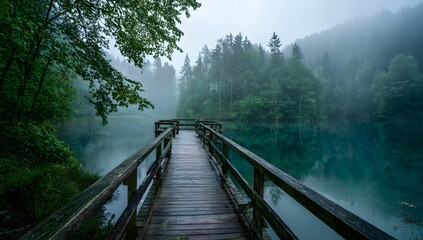 Tranquil foggy lake with wooden walkway and forest in the background