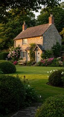 Charming Cottage with Brick and Stone Exterior Surrounded by Blooming Garden in Sunset Light