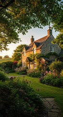 Charming Stone Cottage Surrounded by Lush Garden with Colorful Flowers During Sunset