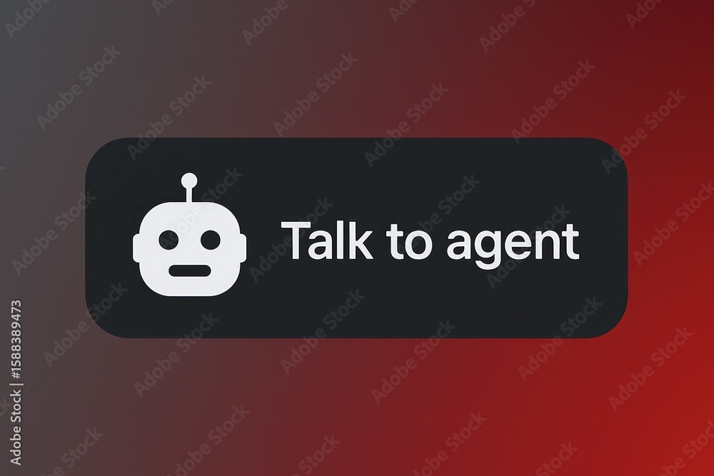 Poster a clean graphic of a chat bot with a bold statement 'talk to agent' on a dark red background, custom