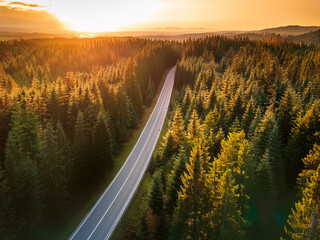 Golden sunlight shining on forest road in tranquil wilderness
Forest road surrounded by trees glowing in golden sunlight