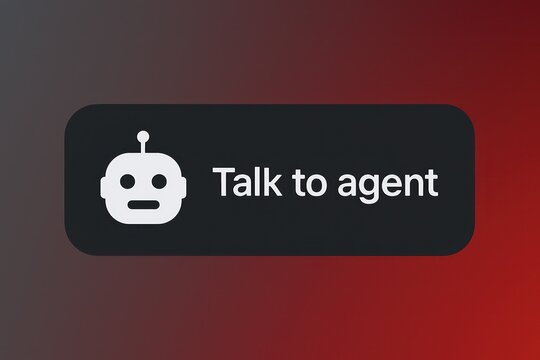 A clean graphic of a chat bot with a bold statement 'Talk to agent' on a dark red background, customer support service