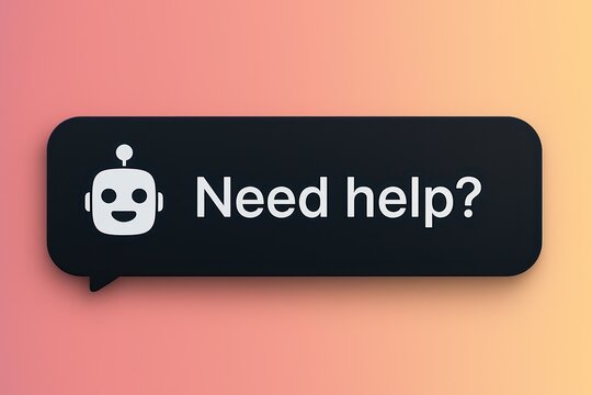 A digital assistant robot offers help and support. The image is rendered in a modern style, set against a colorful gradient background, inviting viewers to connect and seek assistance. 